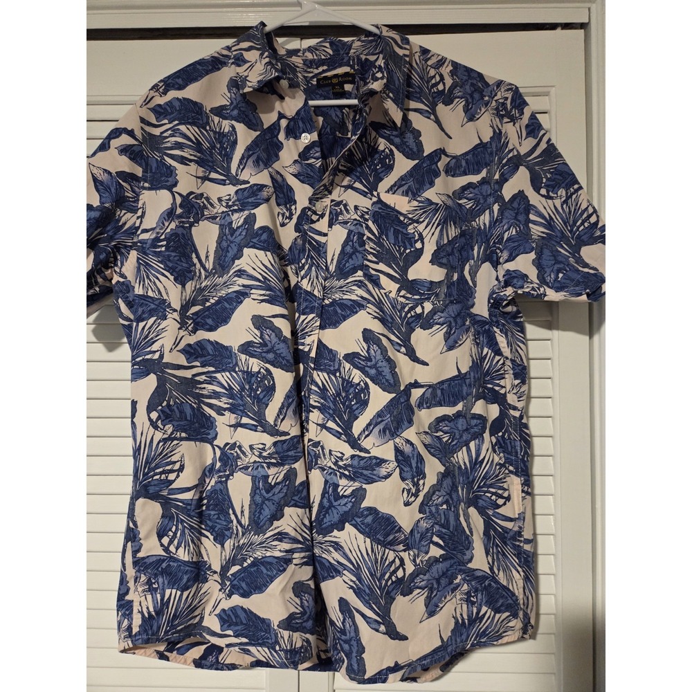 Club Room Men's Short Sleeve Shirt‎ Blue with Leaf Tropical Hawaiian Pattern